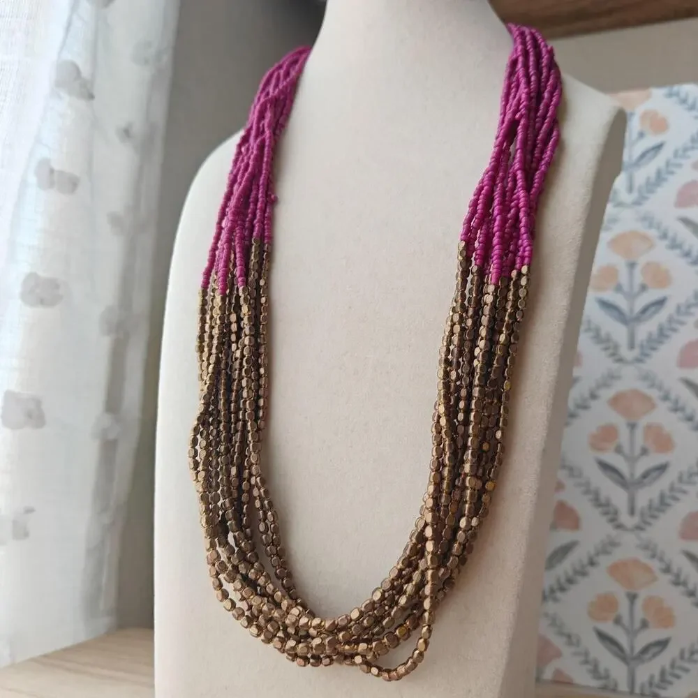 Boho fuschia and bronze two tone multi strand seed bead necklace